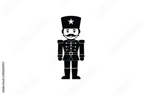 Nutcracker soldier toy silhouette character with star hat and uniform isolated on white background for holiday