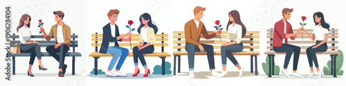 vector of  couple sitting on park bench giving rose on Valentine's Day