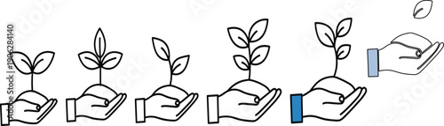 Sustainable growth concept illustration showing hands nurturing plant seedlings in stages symbolizing eco friendly development and environmental care vector design