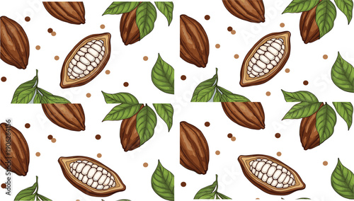 Seamless cocoa pod pattern with cacao beans and green leaves botanical chocolate background detailed vector illustration design
