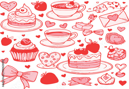 Hand drawn Valentine dessert doodle set with cakes cupcakes tea cups strawberries hearts and romantic sweet treats vector illustration