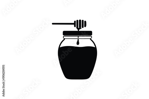 Honey jar silhouette icon with wooden dipper stick and dripping nectar isolated on white background for menu