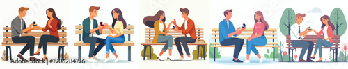 vector of  couple sitting on park bench giving ring on Valentine's Day