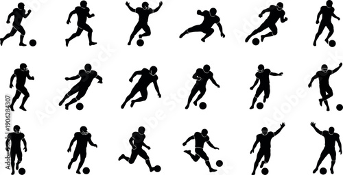 Soccer player sport silhouette collection football kicking running actions