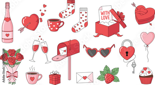 Valentine love icon set with gifts roses hearts champagne and romantic elements cute hand drawn vector illustration