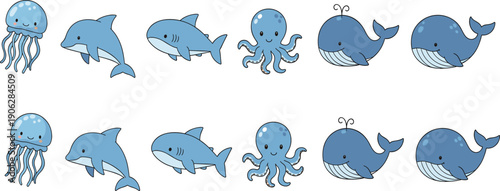 Cute cartoon sea animals set with dolphin shark whale jellyfish and octopus kids vector illustration collection