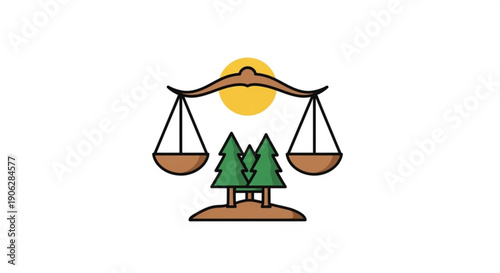 Eco friendly balance scale with trees and sun symbolizing harmony between nature and justice