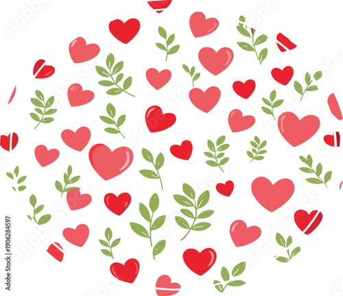 Cute romantic seamless pattern with red pink hearts and green leaves playful love background vector illustration design
