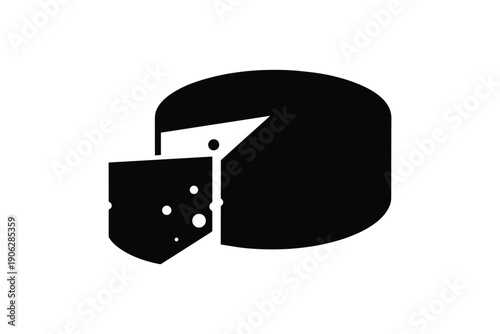 Black silhouette of round cheese wheel with cut slice showing holes isolated on white background