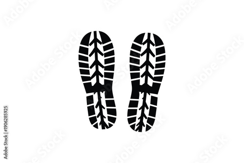 Boot print silhouette isolated on white background depicting shoe sole tread patterns for trekking and hiking