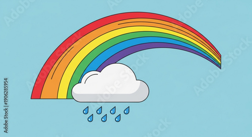 Colorful rainbow with raindrops and cloud on blue background symbolizing hope and weather