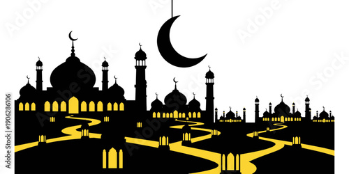A peaceful and celebratory minimalist illustration capturing a stylized mosque silhouette with glowing yellow paths under a large hanging crescent moon
