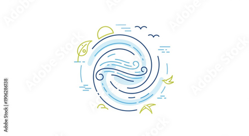 Stylized wave icon with leaves and birds in simple line art style representing harmony and nature