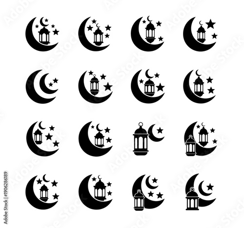 A spiritual and minimalist collection of Islamic crescent moon and lantern icons for Ramadan and Eid al-Fitr celebration designs