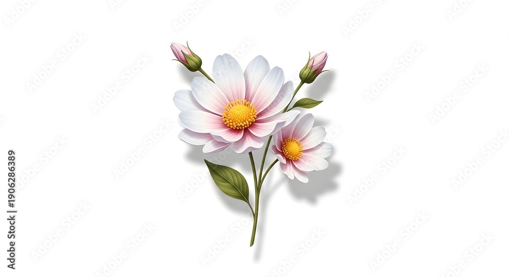 Obraz premium Two White and Pink Cosmos Flowers with Buds on White Background white petals pink edges