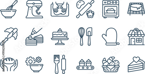 Comprehensive collection of line art icons depicting various baking activities, bakery tools, confectionery processes, and sweet dessert creations