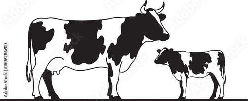 Black and white cow and calf standing side by side silhouette