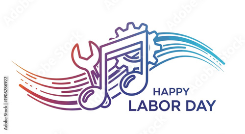Happy Labor Day Celebration with Creative Musical Note and Industrial Gear Graphic Design