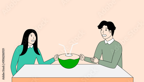 Man and a woman are sitting at a table and drinking coconut water