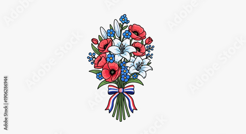 Patriotic floral bouquet featuring red poppies white lilies and blue flowers tied with a national