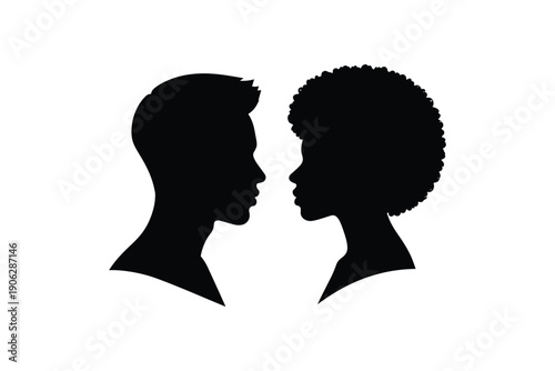 Black silhouettes of diverse male and female profiles facing each other on a white background