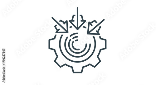 Abstract icon representing incoming data streams converging into a central processing mechanism or mechanical system for analysis