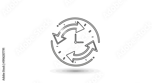 Elegant line art icon depicting a clock encircled by two dynamic arrows symbolizing time refresh