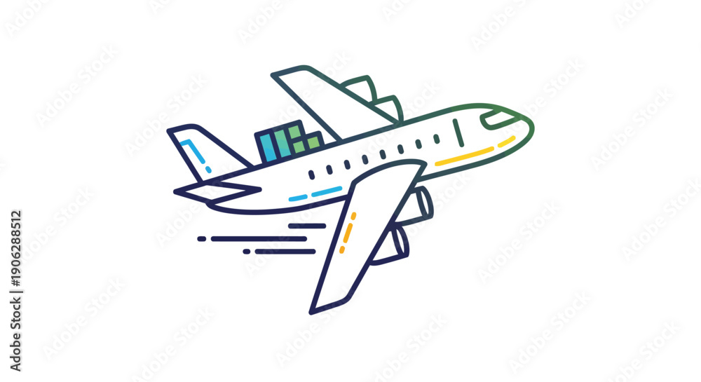 Obraz premium Vibrant gradient outline illustration of an airplane carrying cargo, symbolizing global logistics