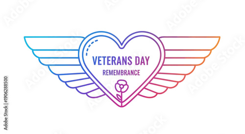 Vibrant gradient Veterans Day remembrance emblem featuring heart and wings honoring service members