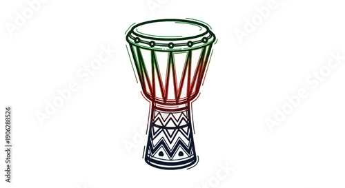 Vibrant hand-drawn djembe drum illustration capturing rhythmic cultural essence in a dynamic