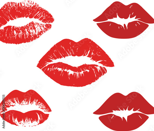 A vibrant vector illustration set of red lips and lipstick marks symbolizing love and beauty for fashion design or a romantic Valentine makeup cosmetic print