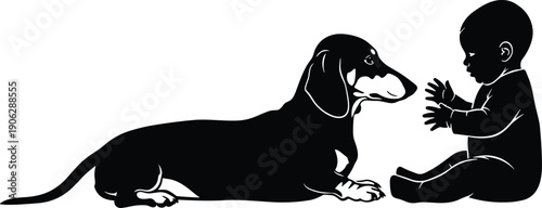 Black and white silhouette illustration of baby sitting and playing with dog, human and pet bonding concept, minimal vector design isolated on white background