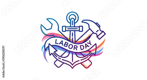 Vibrant Labor Day illustration featuring an anchor wrench and hammer emblem for workforce