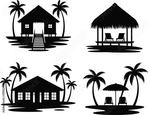 Black tropical resort silhouettes featuring beach houses, wooden bungalows, palm trees and seaside lounge areas, summer island vacation illustration set isolated on white background