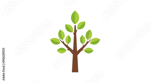Brown tree trunk with green leaves on branches simple nature icon symbol of growth and ecology