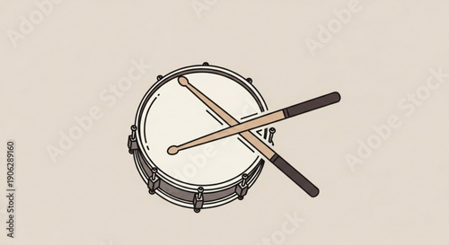 Drum with crossed drumsticks on a neutral beige background symbolizing music and rhythm