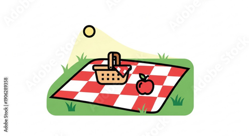 Picnic setup with red and white checkered blanket wicker basket and fresh apple on green grass outdoors
