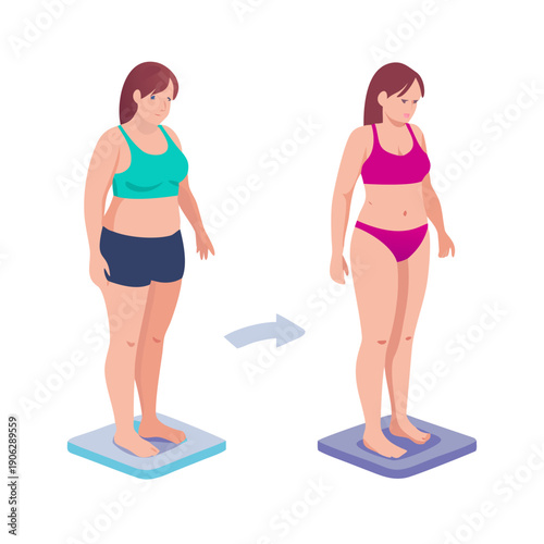 Weight loss and body transformation comparison showing slim and overweight woman on digital scales, health fitness journey medical infographic flat vector illustration isolated..
