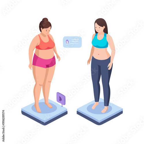 Weight loss and body transformation comparison showing slim and overweight woman on digital scales, health fitness journey medical infographic flat vector illustration isolated..
