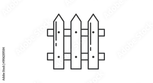 Wooden picket fence with pointed posts and horizontal rails on white background