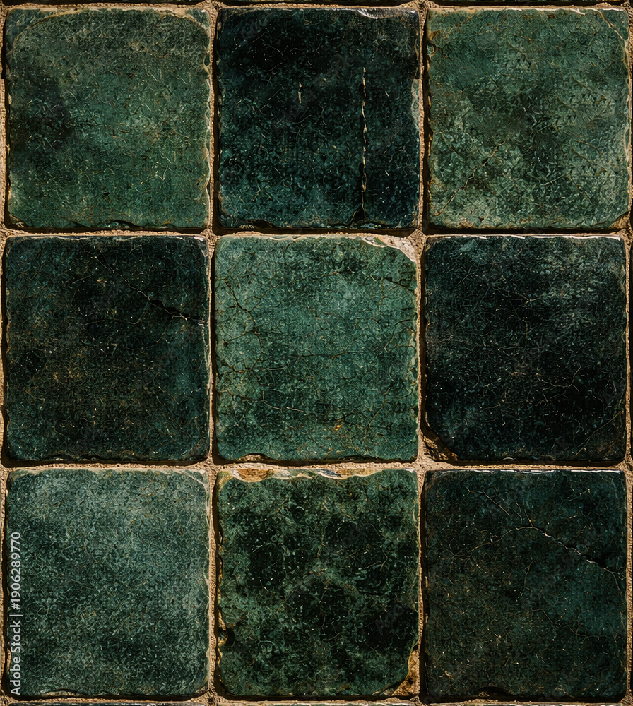 Fototapeta premium Rustic Dark Green Square Tiles Texture, Aged Weathered Ceramic Mosaic Background with Emerald Patina, Traditional Handmade Stone Wall or Floor Backdrop for Interior Design and Decoration