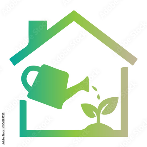 Stylized graphic showcasing a plant being watered inside a home outline, conveying themes of domestic cultivation, ecological awareness, and fostering new life