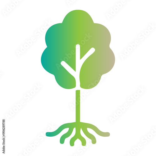 A stylized green tree with visible roots, representing growth and nature's foundation, in a modern, minimalist graphic style