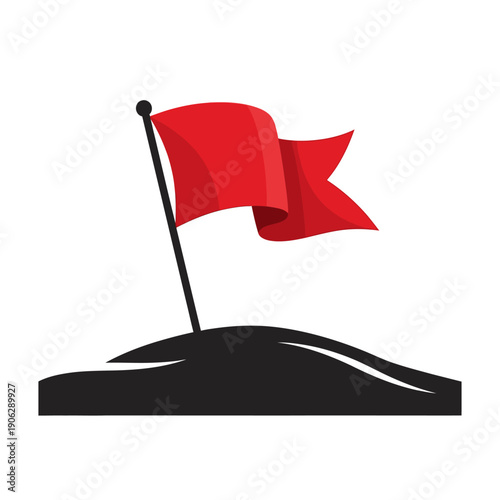 A vibrant red flag firmly planted on a stylized black mound, symbolizing triumph, objective completion, and a clear marker prompting the next strategic step