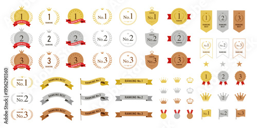 ランキング　バッジ　賞　メダル　アイコンセット（金・銀・銅）ベクター　フラットデザイン