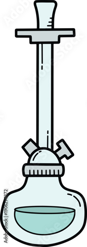 Laboratory equipment illustration featuring a round-bottom flask with stopcock and separatory funnel in a simple line art style on a clean background from a straightforward viewpoint
