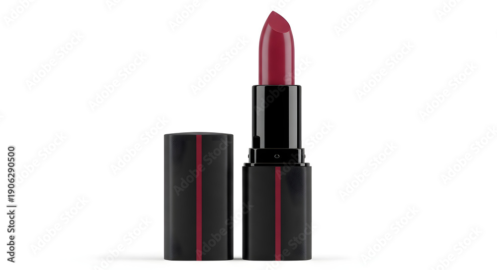 Obraz premium Vibrant red lipstick in a sleek black tube with a red stripe, open and ready for use.