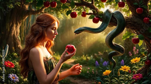 Woman Tempted by Serpent in Lush Garden Paradise.