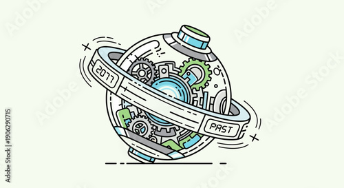 Future and past time capsule with intricate gears illustrating technological progression and