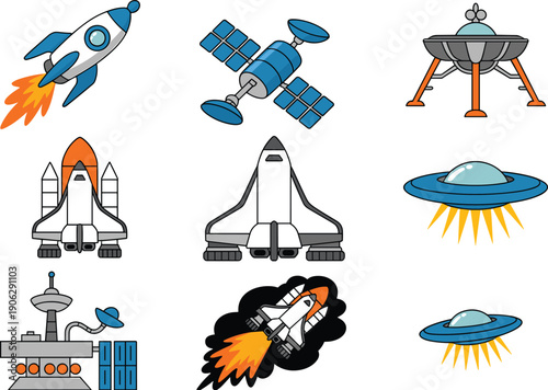 Cartoon space vehicles collection featuring rockets, space shuttles, satellites and UFOs, colorful sci fi astronomy technology illustration set isolated on white background